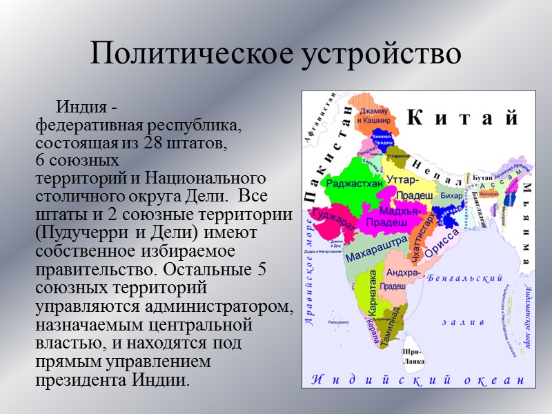 Политическое устройство  Индия - федеративная республика, состоящая из 28 штатов, 6 союзных территорий